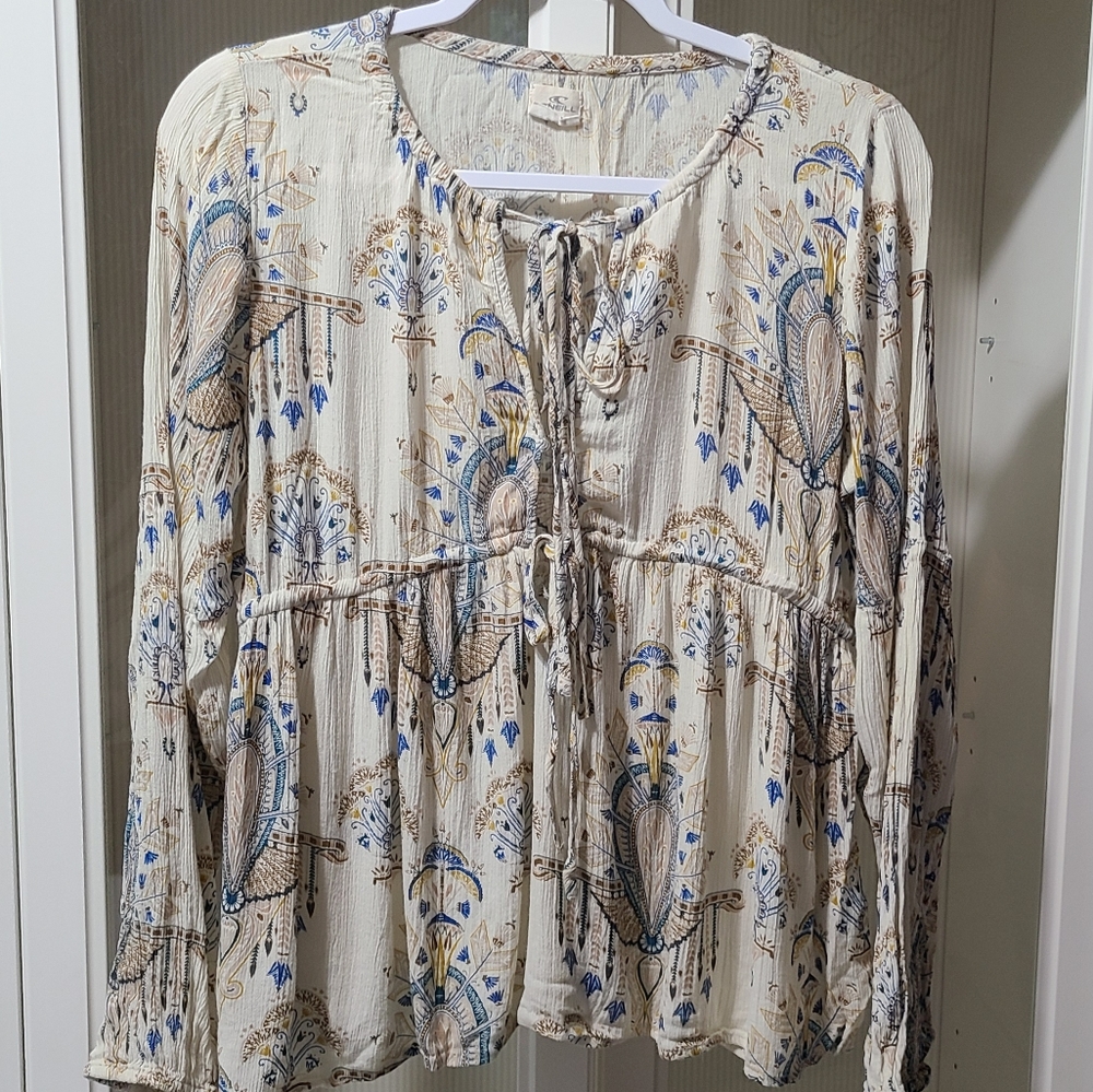 O'Neill Women's Maria Long Sleeve Beige Cream Graphic All Over Blouse sz L